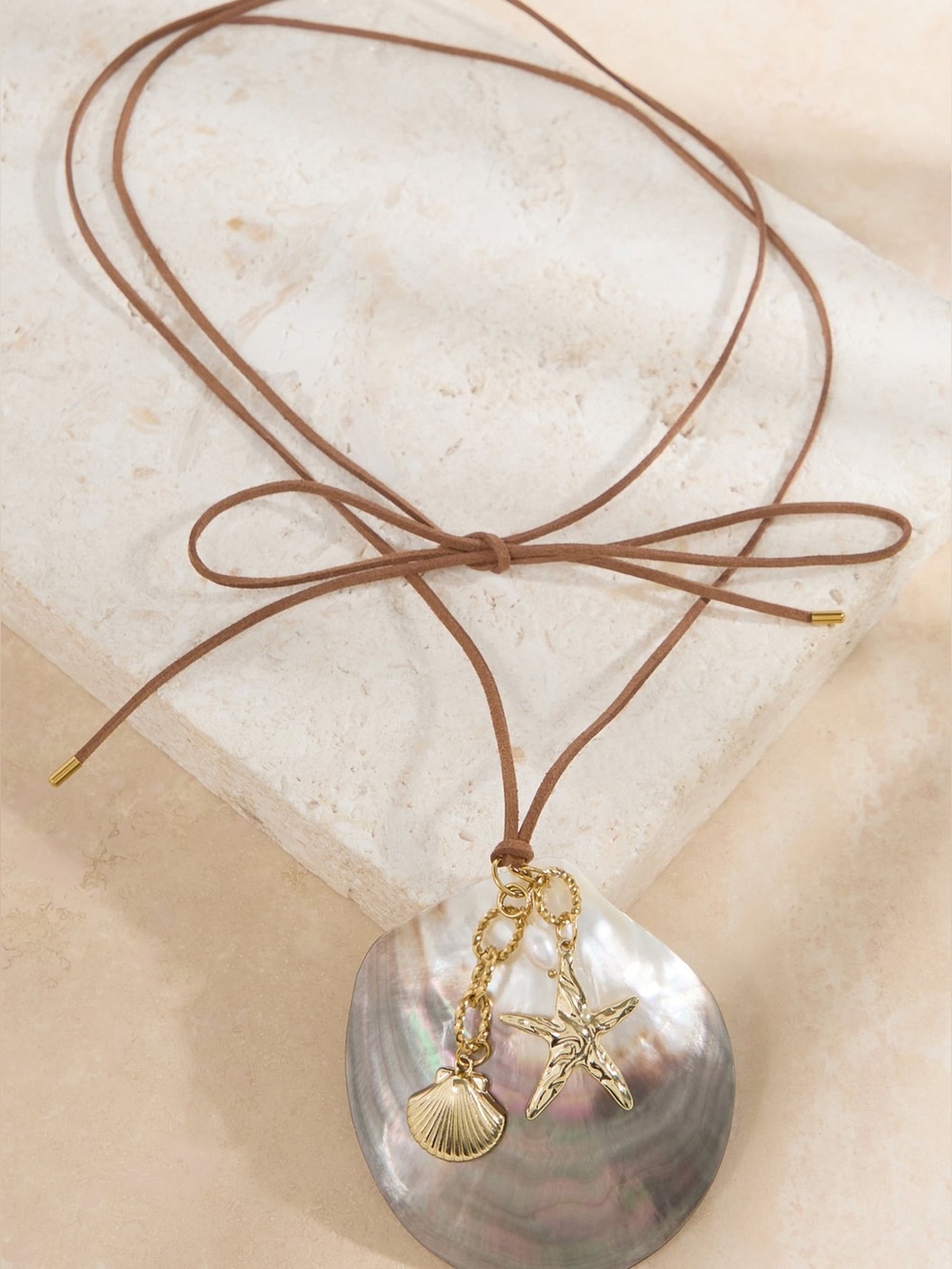 Altar'd State Brown Suede Necklace with Iridescent Shell and Gold Charm